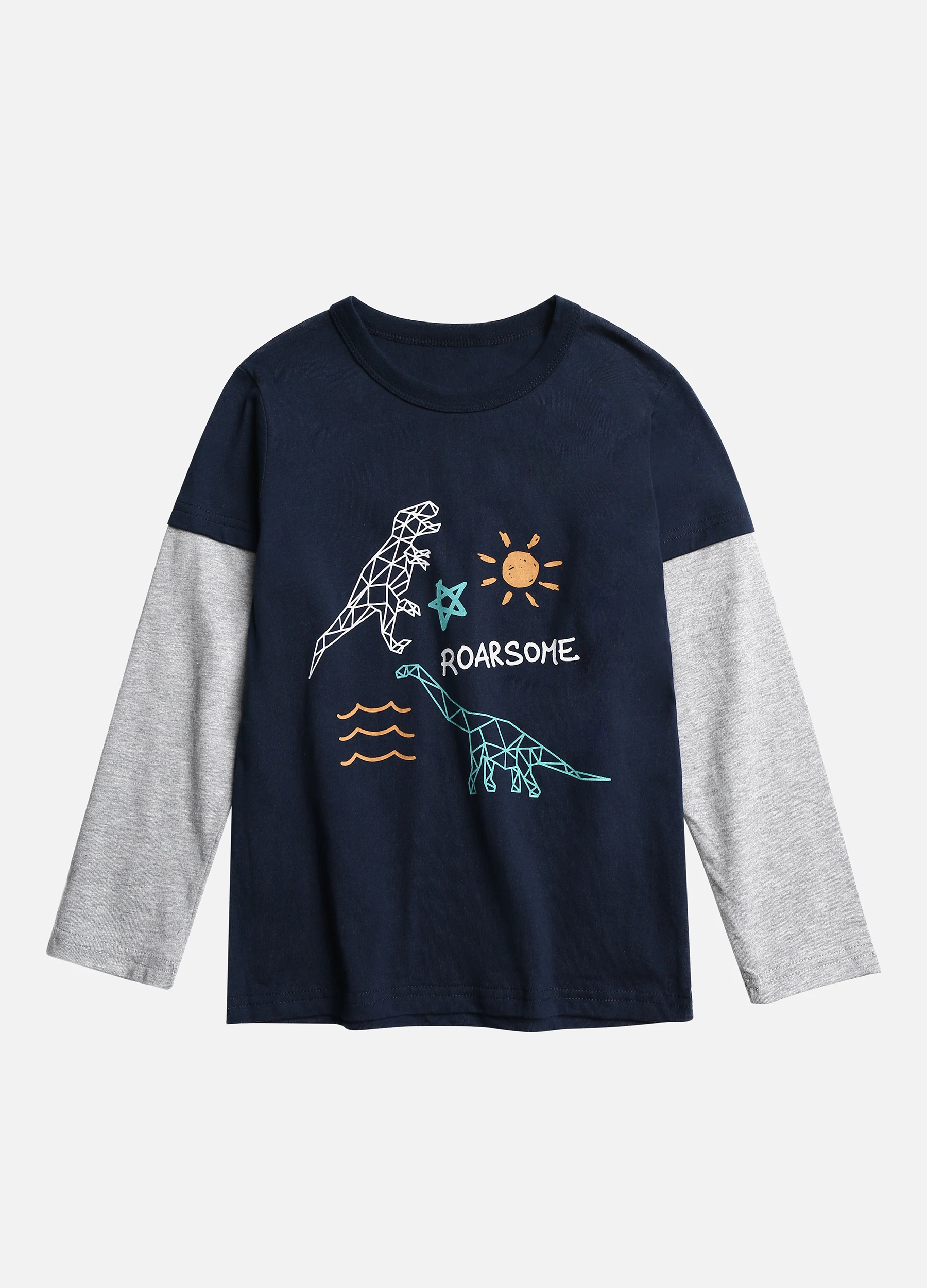 Boys' Casual Geo Dinosaur Letter Pattern Long Sleeve Tee