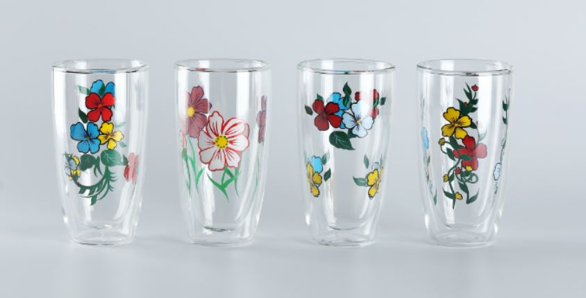 Double Wall Tall Glass With Flower Design