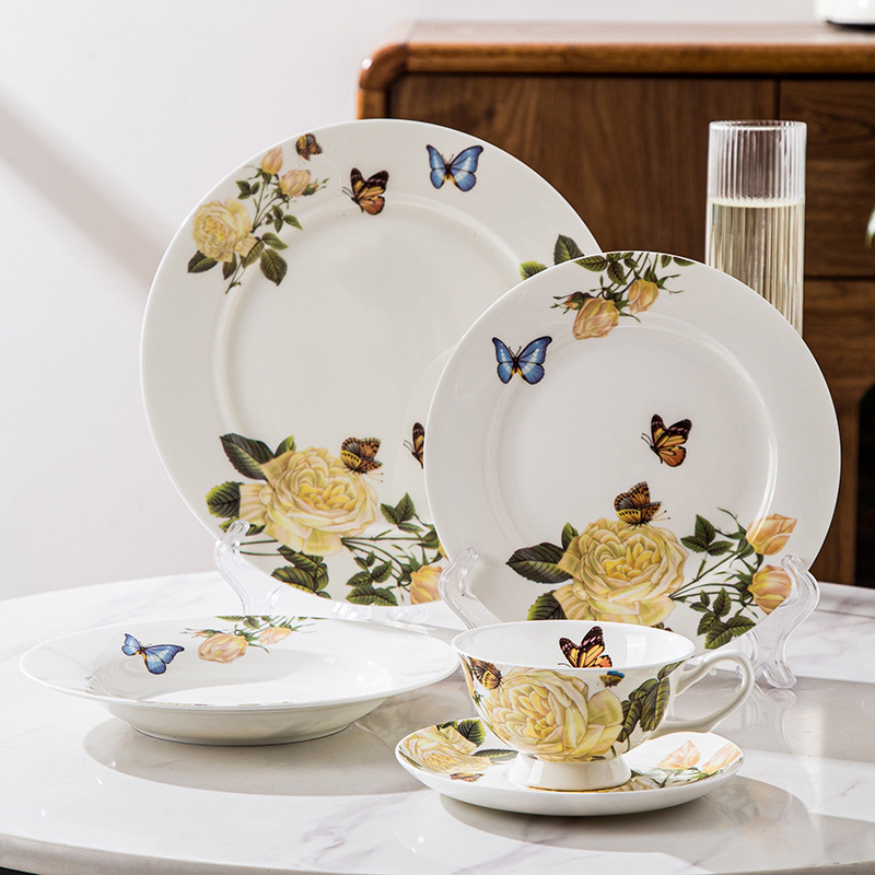 Customized Floral Design Ceramic Porcelain Dinnerware Set, Dinner Plate Set Tableware Set