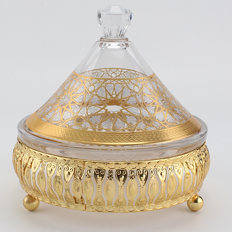7 inch Food Storage Glass Moroccan Tajine Arabic Style Glass Tajine dates bowl with metal stand