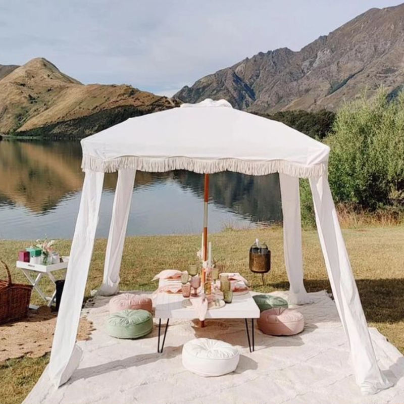 Premium Polyester Canvas with Fringe Wooden Beach Shade