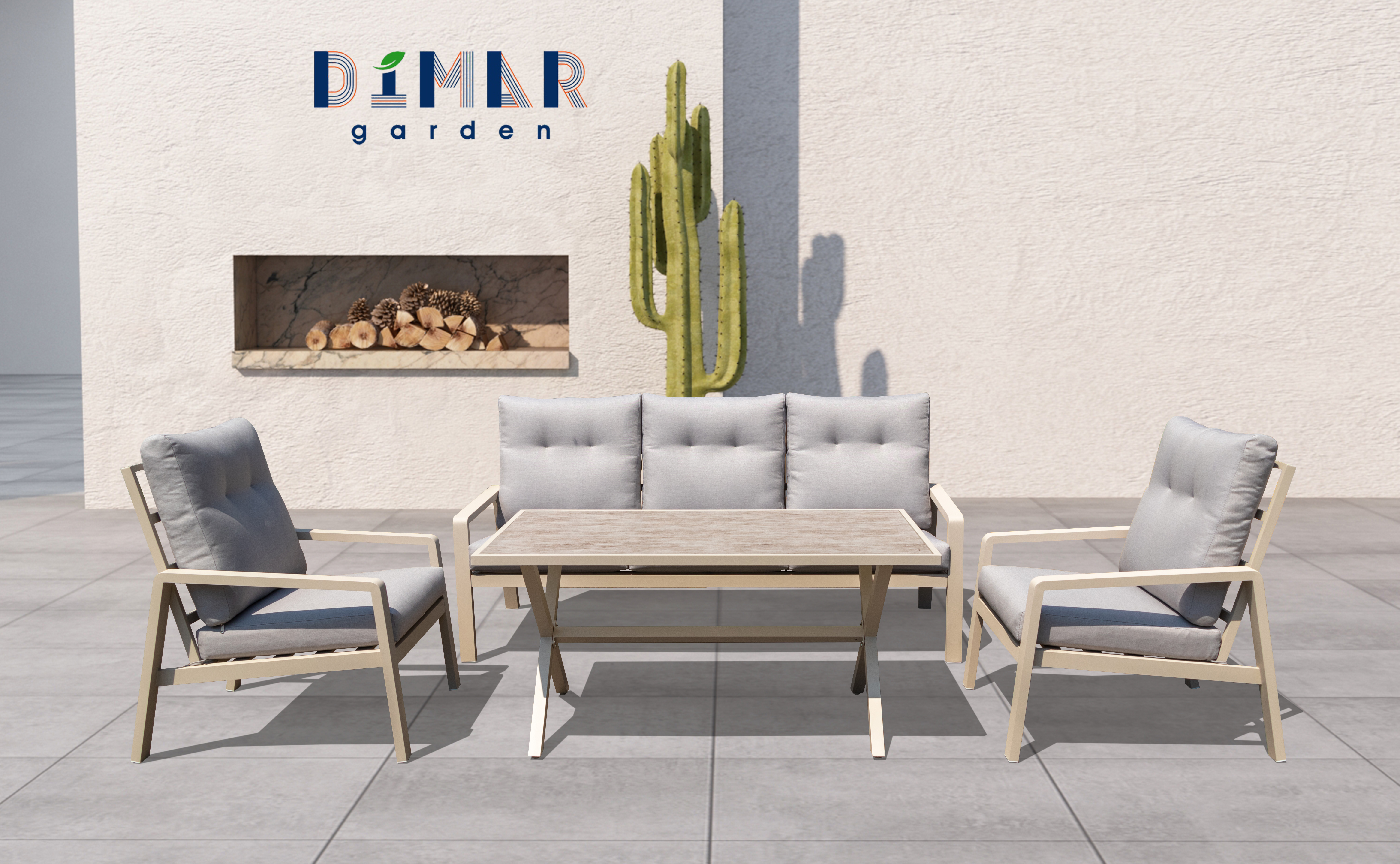 Renalo outdoor aluminum sofa, 4 pieces lounge dinning sofa, deep seat chat sofa with dining table