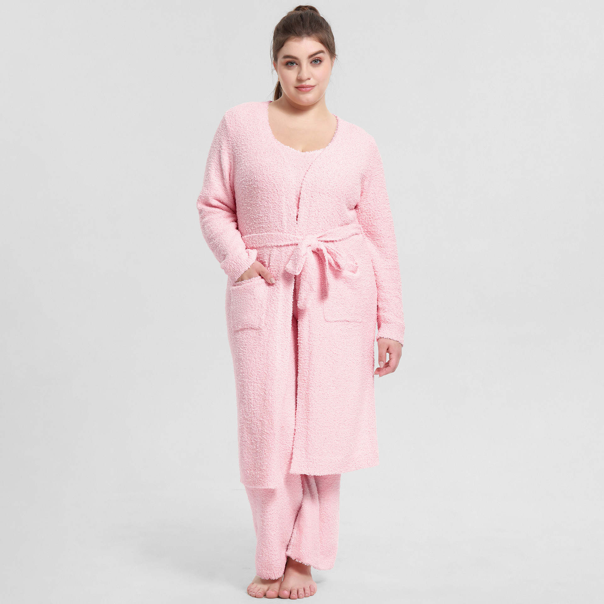 Women's Fuzzy 3 Piece Sweatsuit Super Soft Feather Knit Crop Tank Tops Wide Legs Pants Lounge Sets；