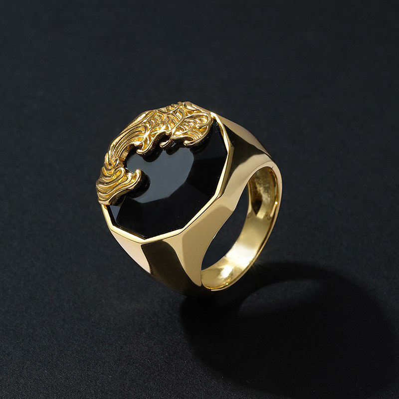 Fashion Sterling Silver Ring Men Obsidian Punk Retro Carved Ring Men Tide Domineering Finger Ring