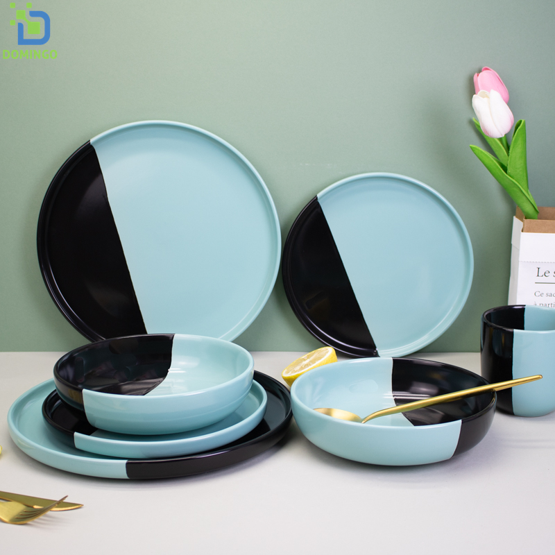 European Ceramic Green Black Tableware Contrast Color 16pcs Color Glaze Dinner Set