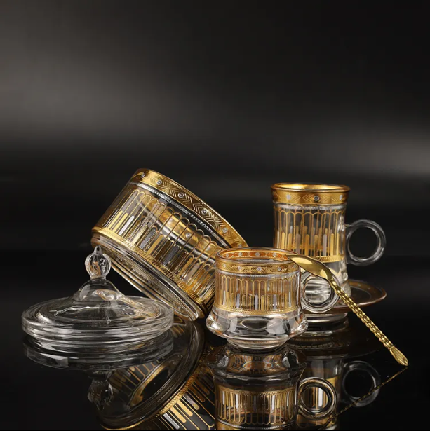 Wholesale 26 pcs reusable arabic coffee cup glass tea cups sets with sugar pot