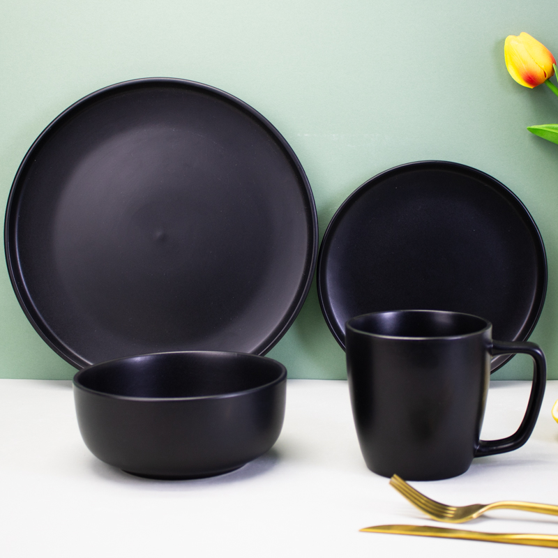 16 Pcs Dinner Set British Style Kitchen Stoneware Ceramic Solid Black Color Dinnerware Set