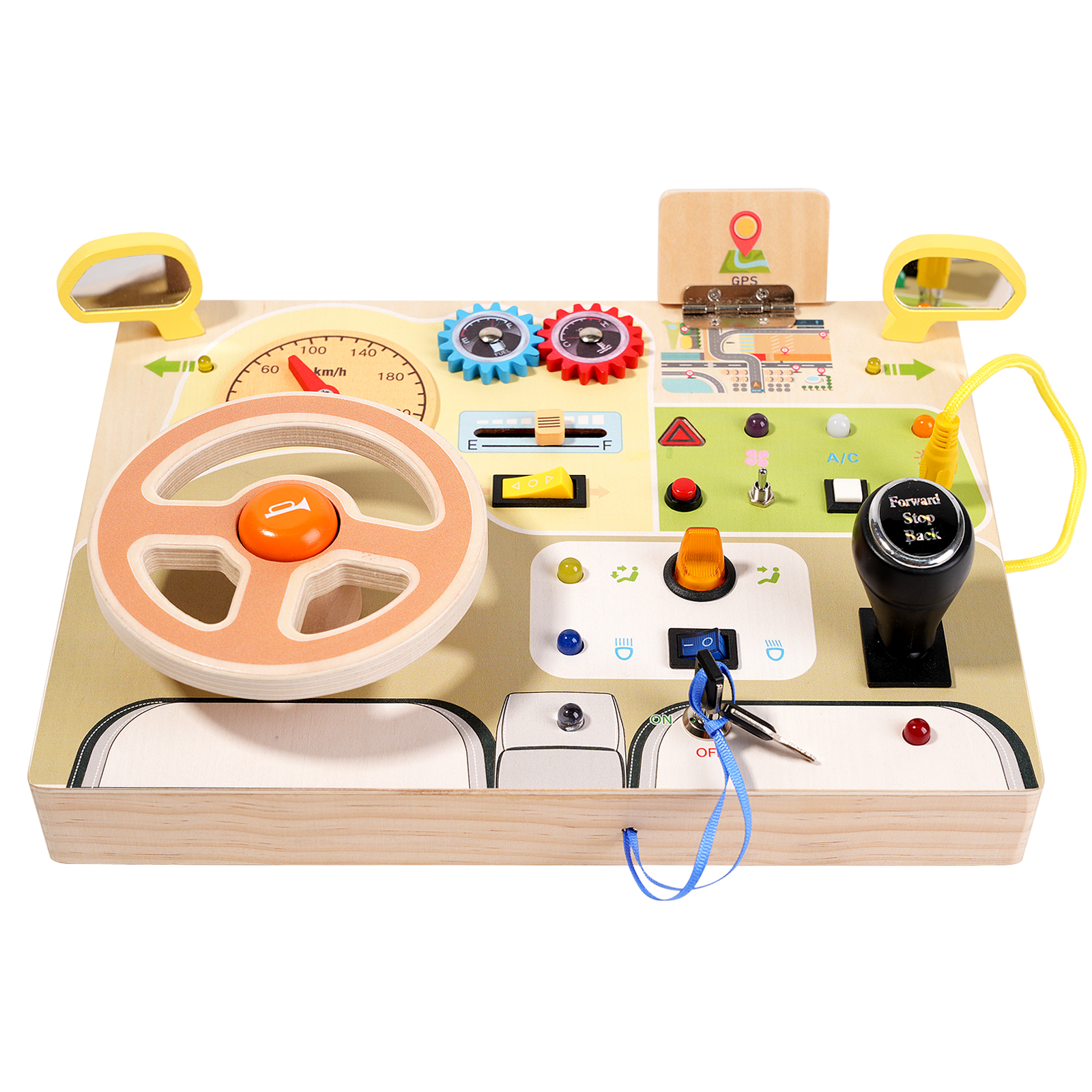 Qiaike Busy Board Montessori Wooden Educational Toy LED Switch Toy Simulation Steering Wheel