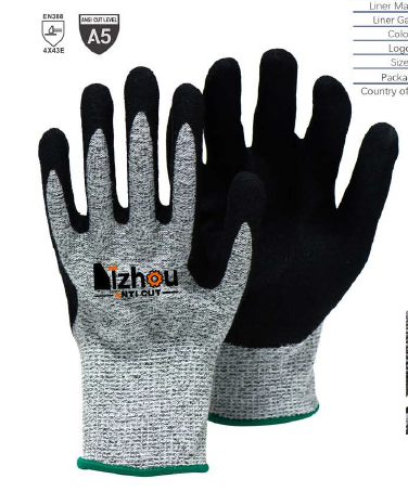 Yizhou Anti Cut Gloves HPPE Steel wire 13 Gauge HPPE Steel Wire coated with Sandy Nitrile Gloves