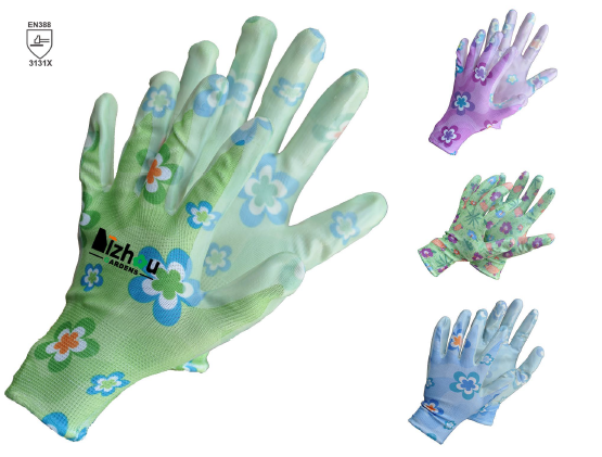 Yizhou Garden Gloves Nitrile floral polyester 13 Gauge Floral polyester coated Transparent nitrile