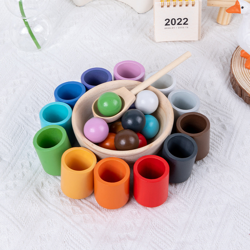 Kids Preschool Wooden Color Sorting Matching Game Rainbow Balls in Cups Toddler Montessori Toys