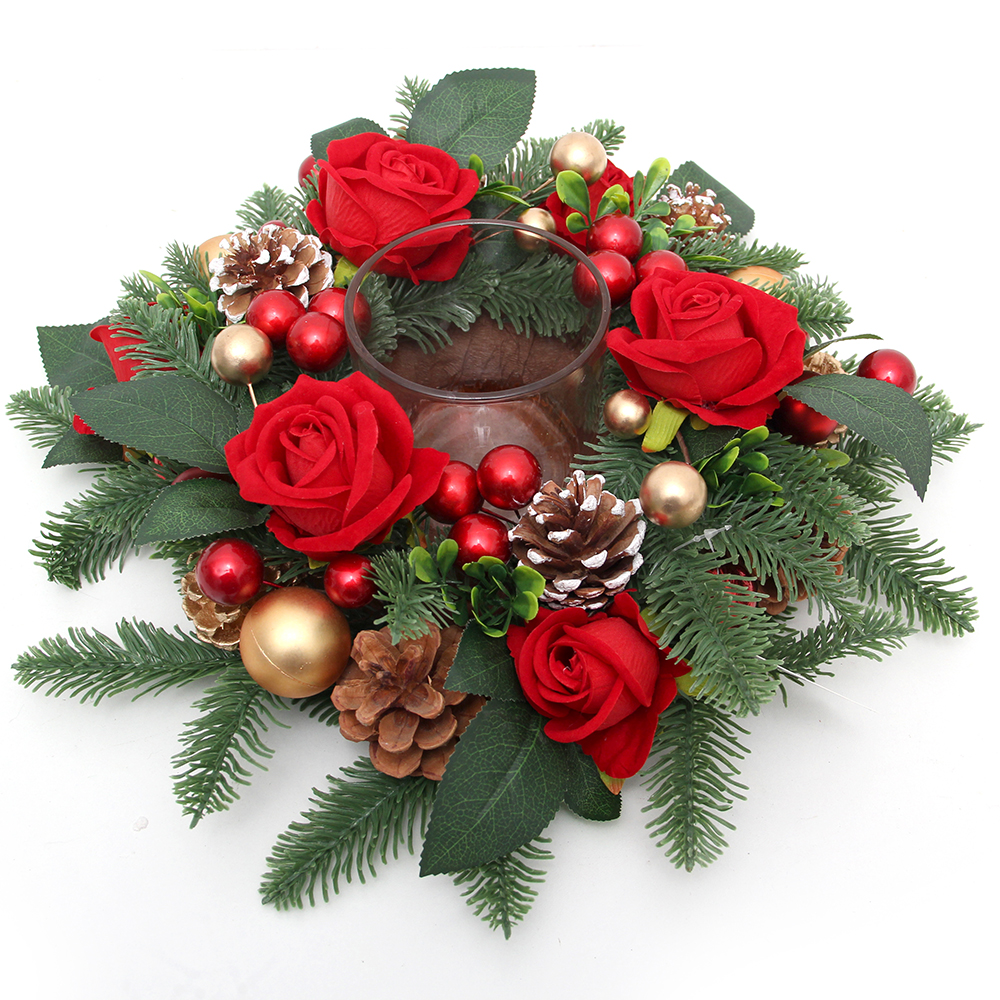 Transworld Christmas Roses Candle Ring Pine Cone Plastic Candle Stick For Christmas Decorations