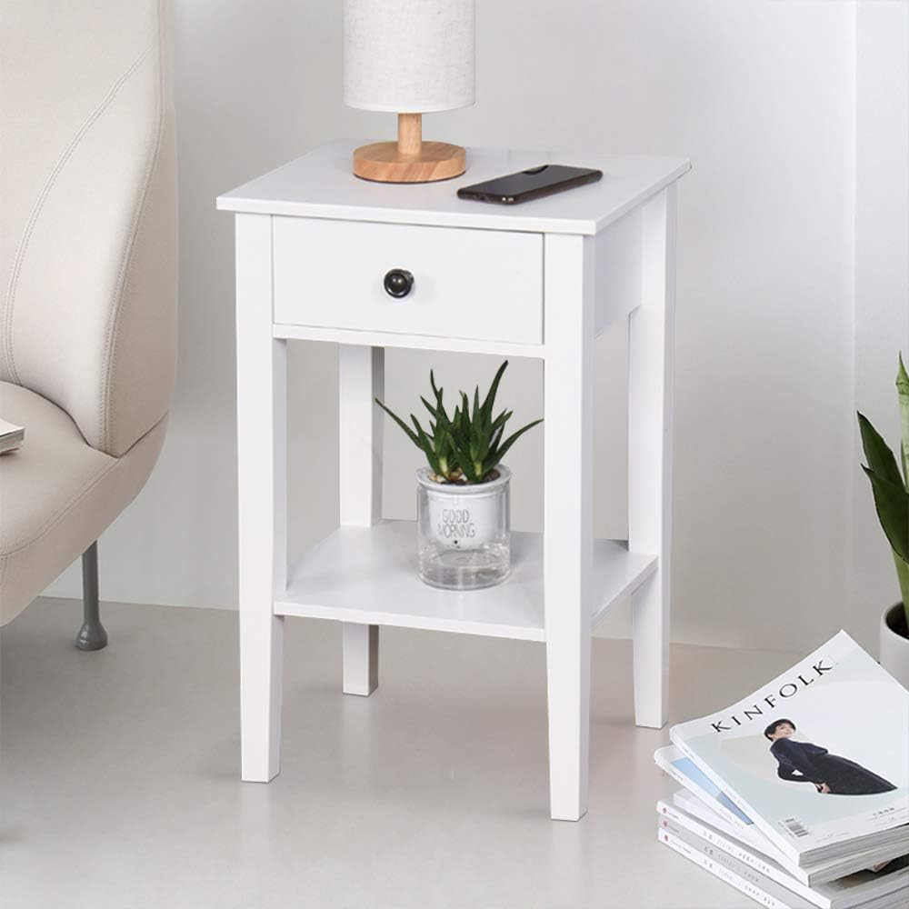 Bedside Table White Wooden One Drawer Night Stand Chairside End Table W/Shelf Modern Side Table