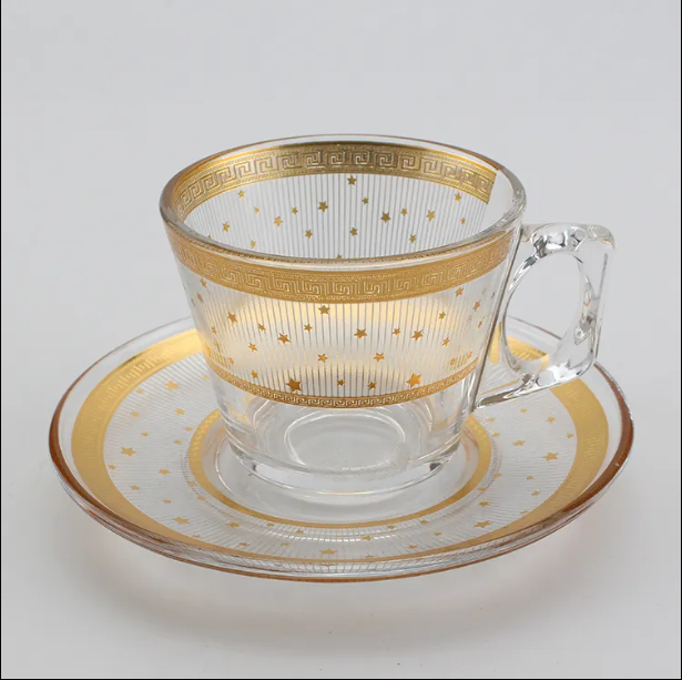 New wholesale glass Arabic Coffee Cup Set With Saucer Tea Cup set with decal