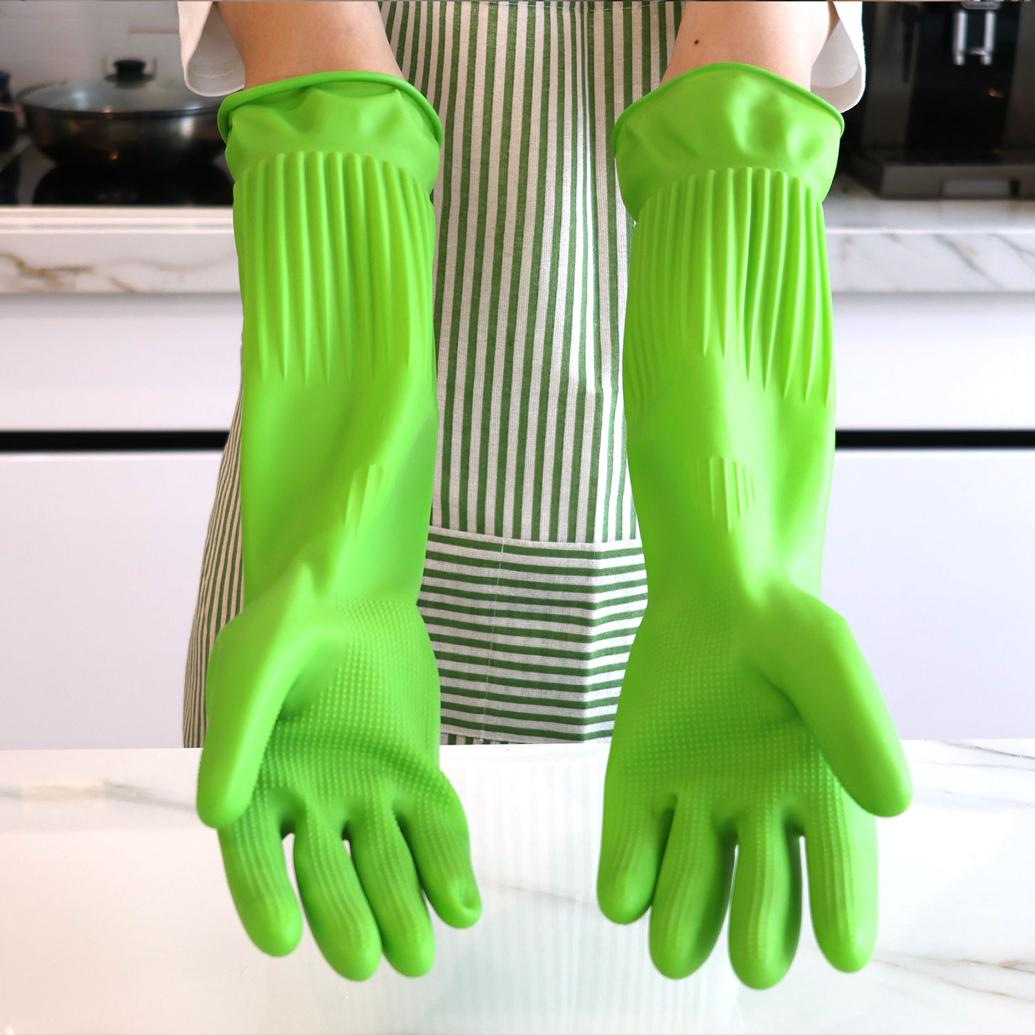 Extra-Long Cuff & Anti-Slip Rubber Dishwashing Cleaning Gloves for Household & Kitchen Use