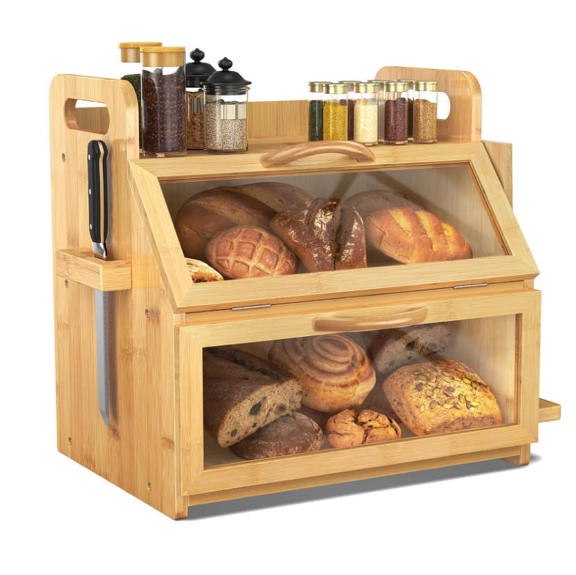 High Quality 2 Layer Kitchen Storage Food Bamboo Bread Box
