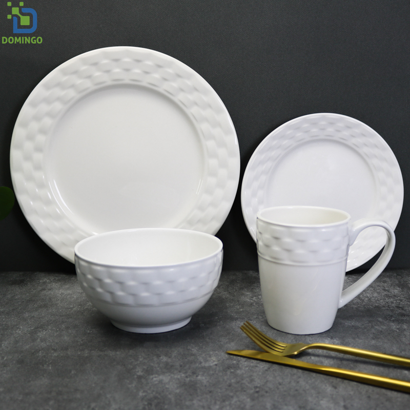 Wholesale Embossed New Porcelaine White Porcelain Plate 16pcs Straw Embossed English Porcelain