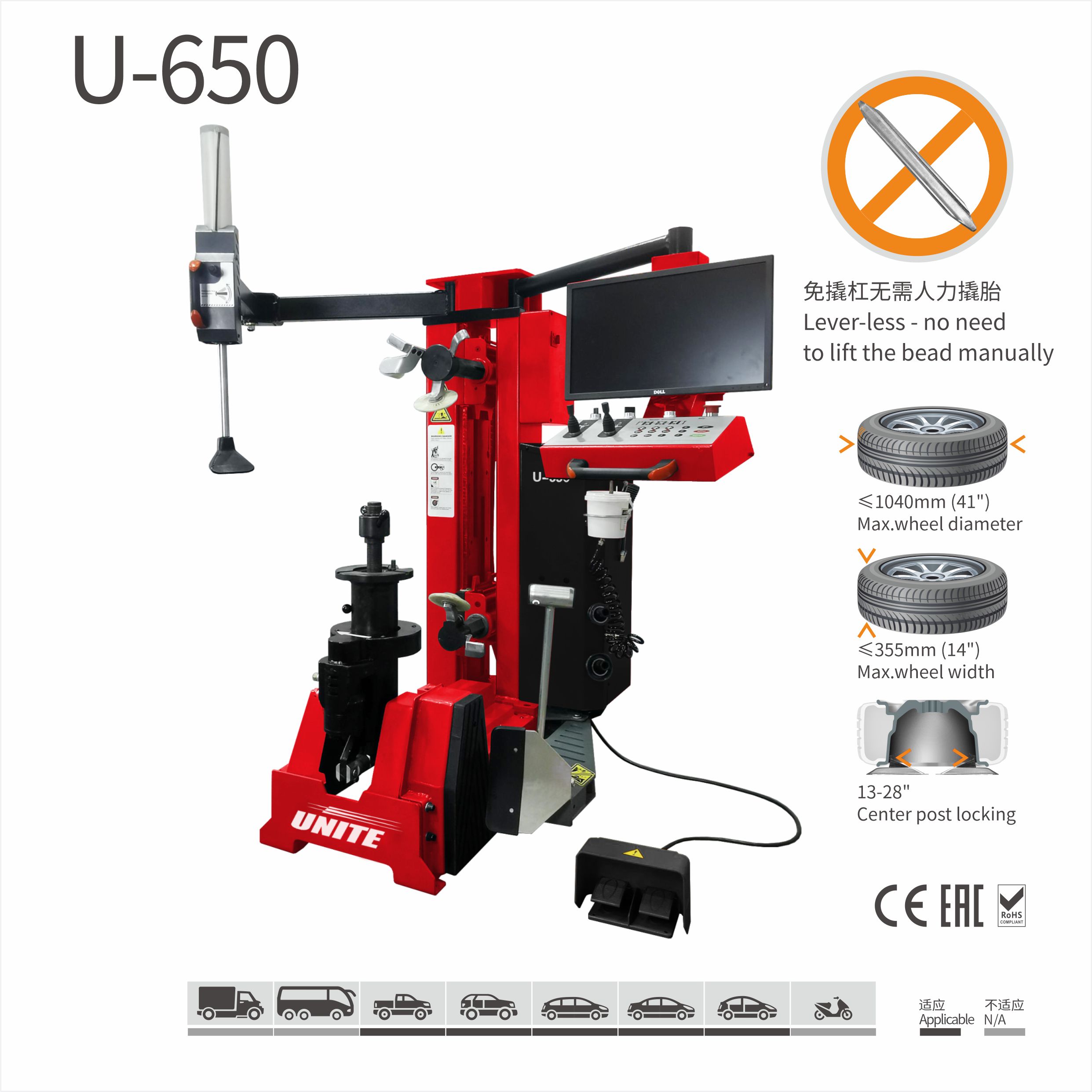 U-650F Semi Automatic Mounting/Demounting Device Automatic Leverless Tyre Changer