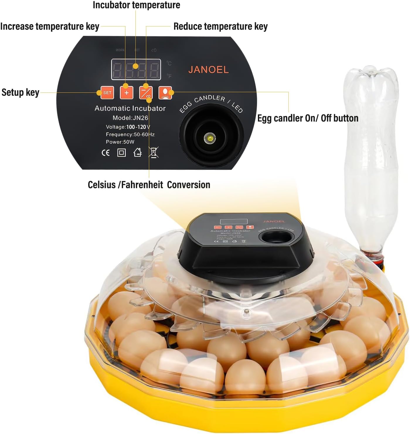 26 eggs new automatic chicken duck quail parrot poultry egg incubator with testing light