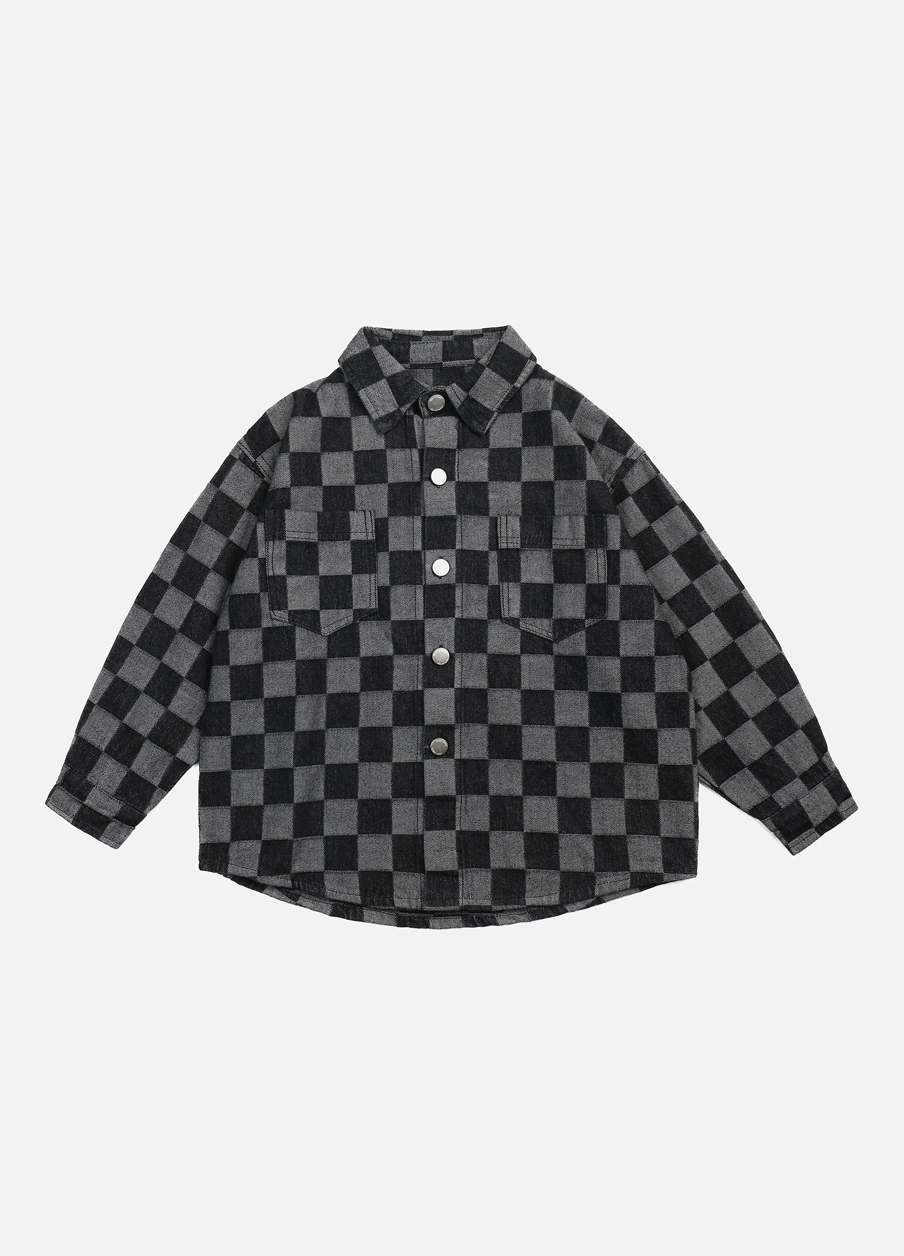 Boys' Stand Collar Checkerboard Pattern Button Shirt