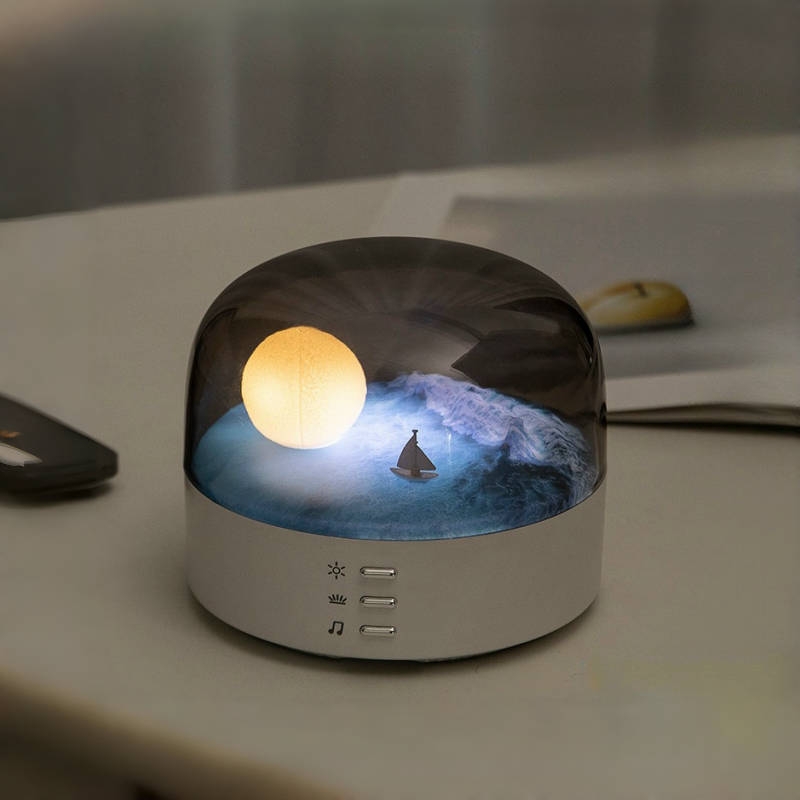 Elegant moon, sea & snow mountain LED night light with music speaker, USB Type-C rechargeable