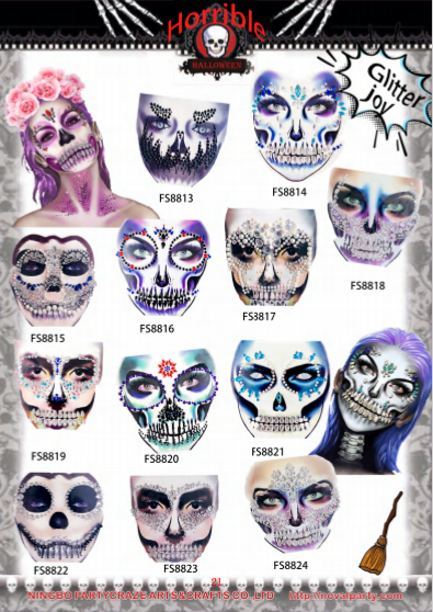 Halloween Face Jewel Rhinestone with Gem Skull Teeth Sticker for Carnival Makeup Body Art