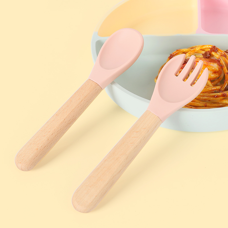 KASU EP018 Wooden Silicone Baby Spoon Fork