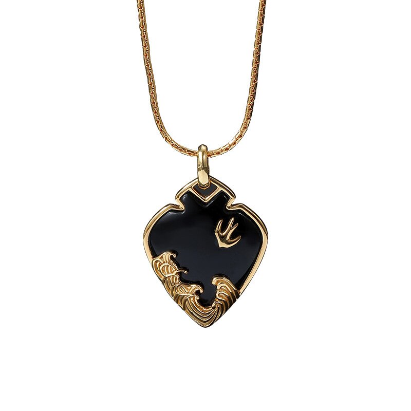 S925 Sterling Silver Heart-shaped vintage natural obsidian couple necklace for men and women