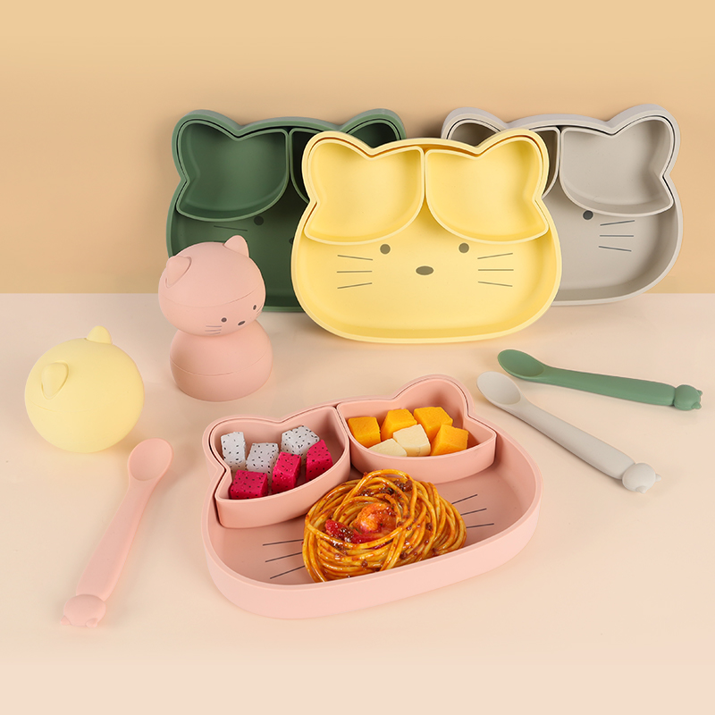 KASU EP117 Cartoon Cat Shape Silicone Baby Feeding Plate Divided Dish