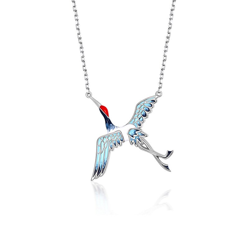 S925 Sterling silver Crane Necklace Women drop glue low temperature enamel collarbone necklace