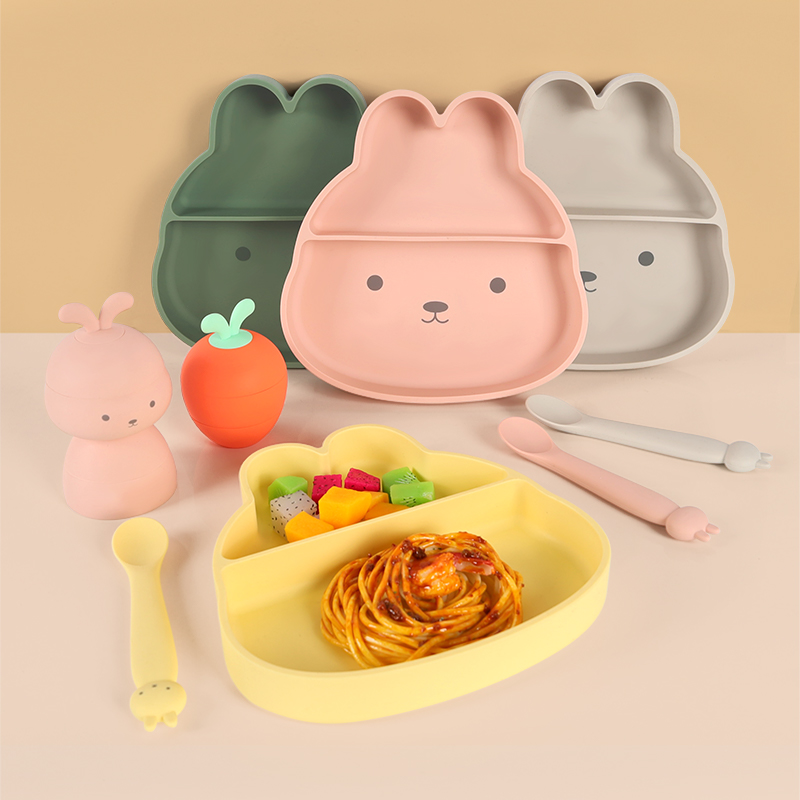 KASU EP118 Cartoon Rabbit Shape Silicone Baby Feeding Plate Divided Dish