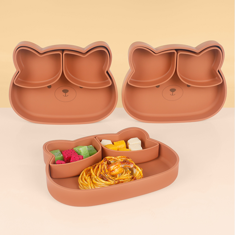 KASU EP119 Cartoon Bear Shape Silicone Baby Feeding Plate Divided Dish