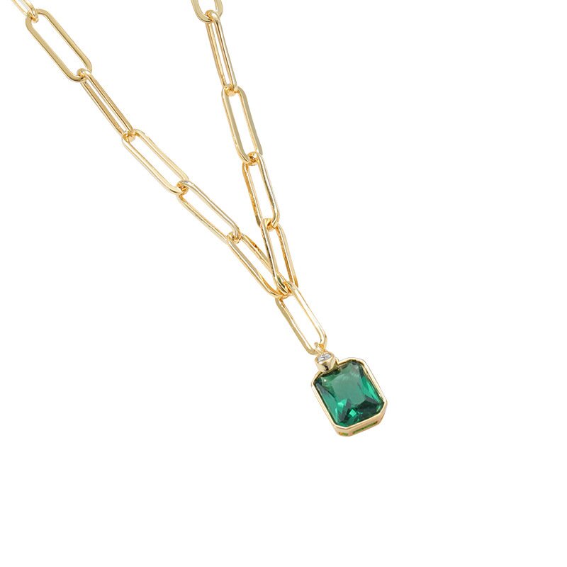 Geometric square green sharp crystal female ins cold temperament trend personality pendant necklace