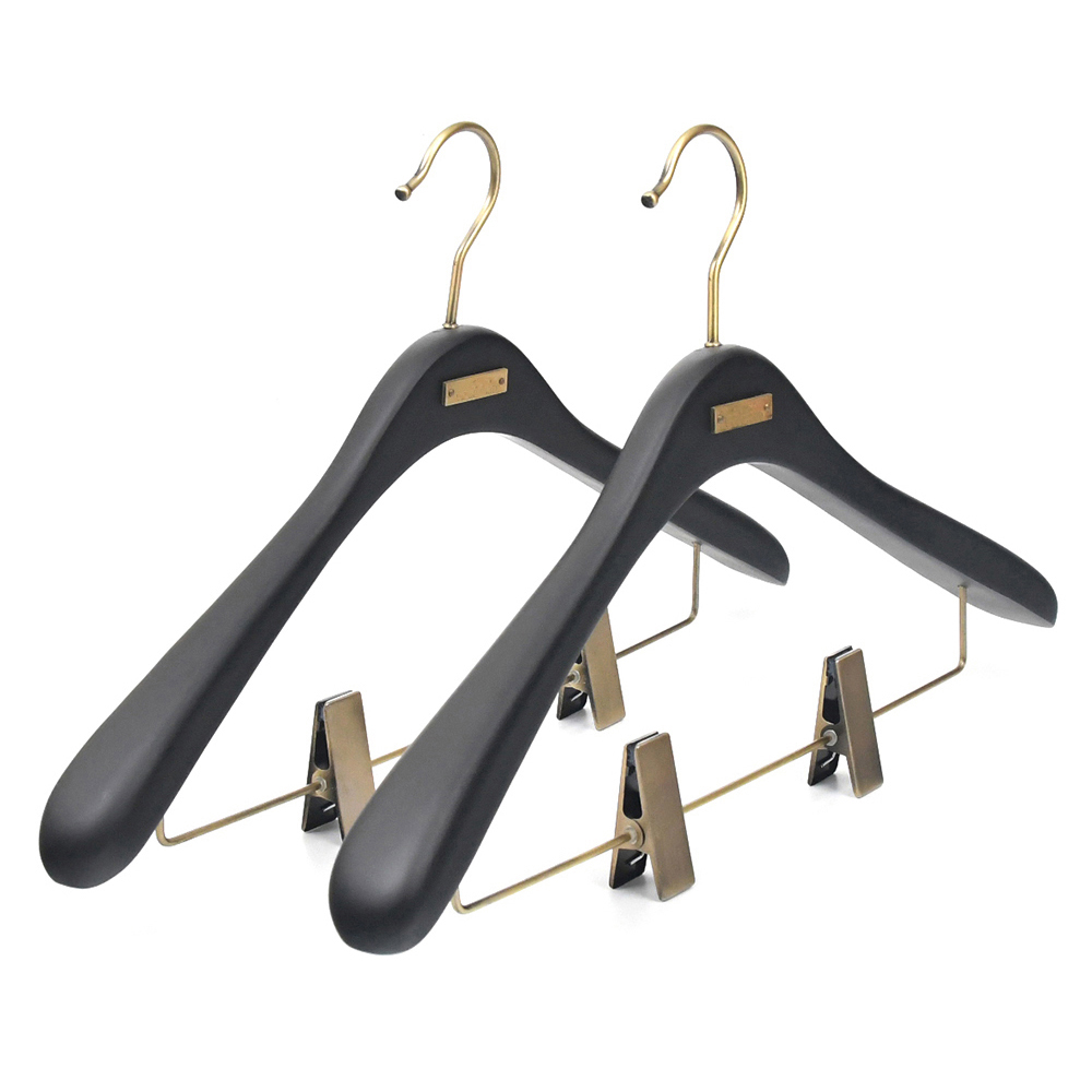Custom Metal Plate Logo Deluxe Black Wood Suit Hanger Wide for Men's Suits