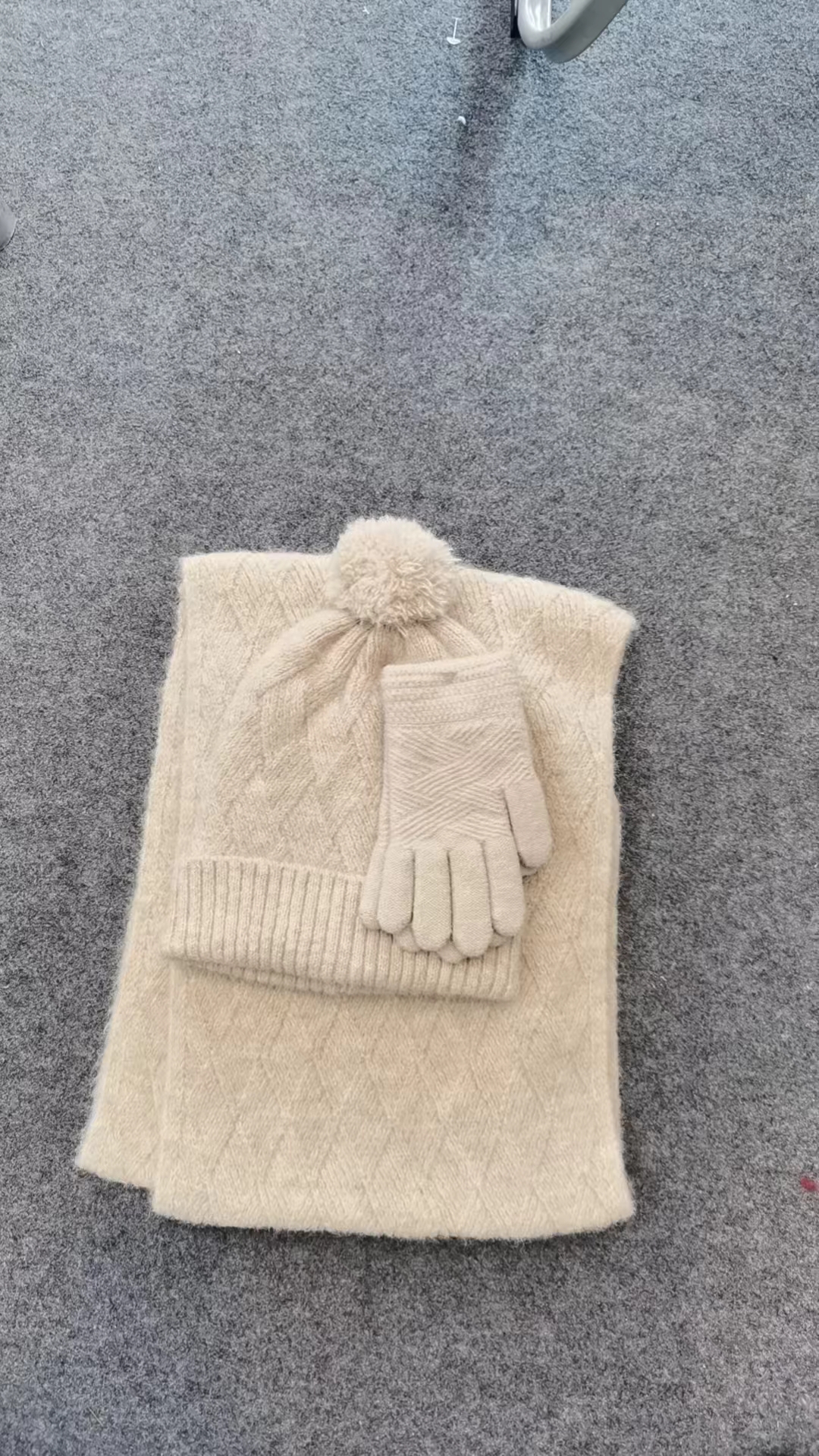 Three-piece wool hat, scarf and gloves