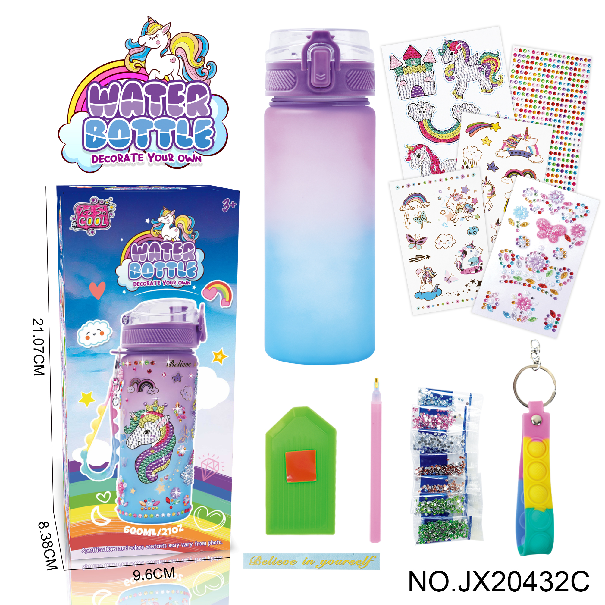 DIY Stick diamond purple blue gradient water bottle - Unicorn