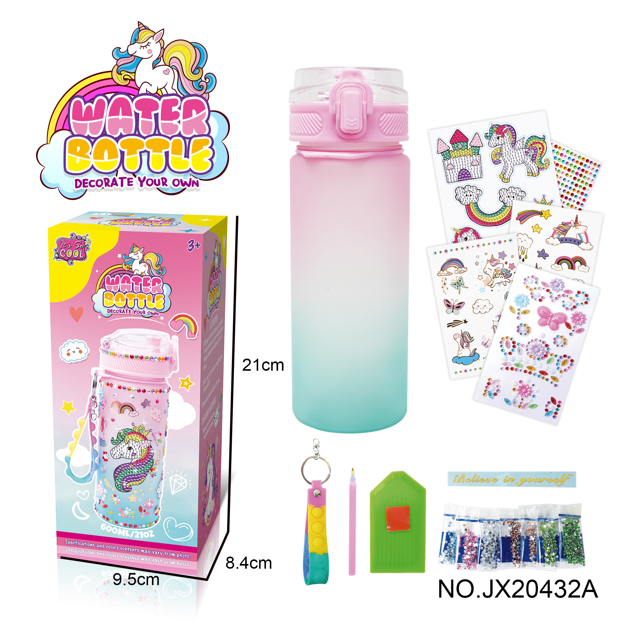 DIY stick diamond pink green gradient water bottle - Unicorn