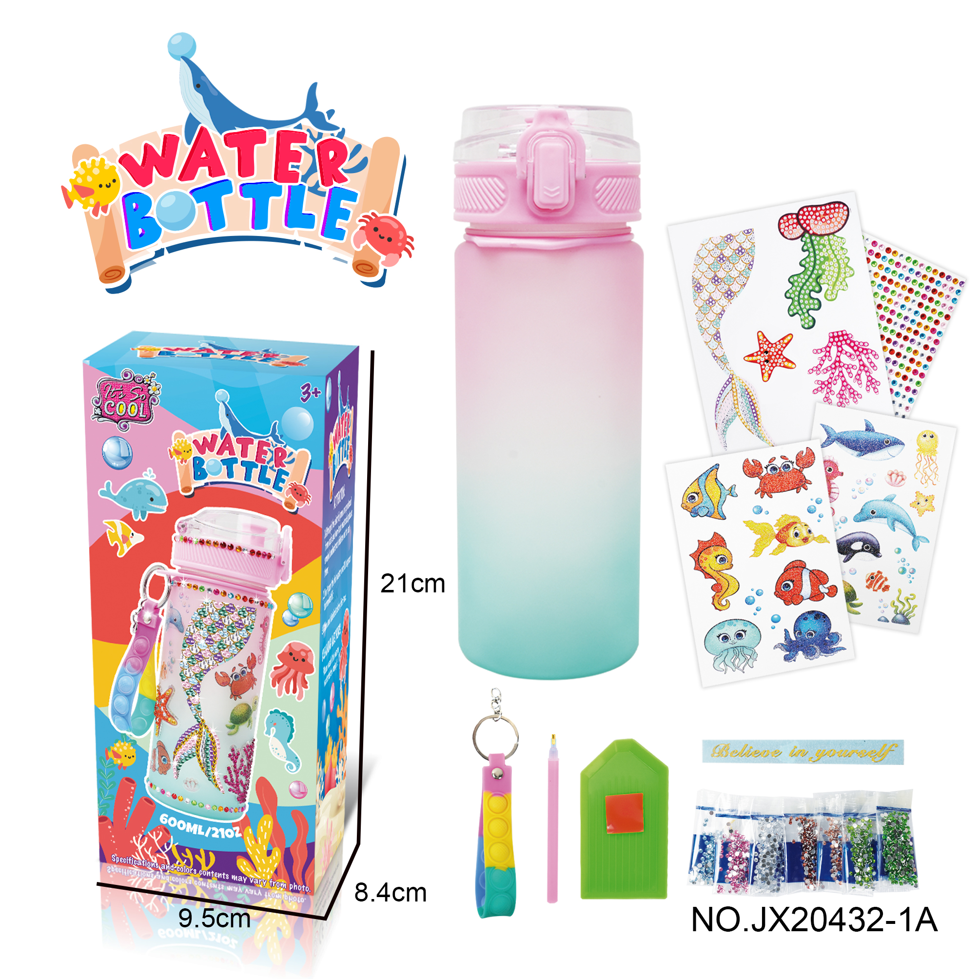DIY Stick diamond Pink Green gradient water bottle - Mermaid