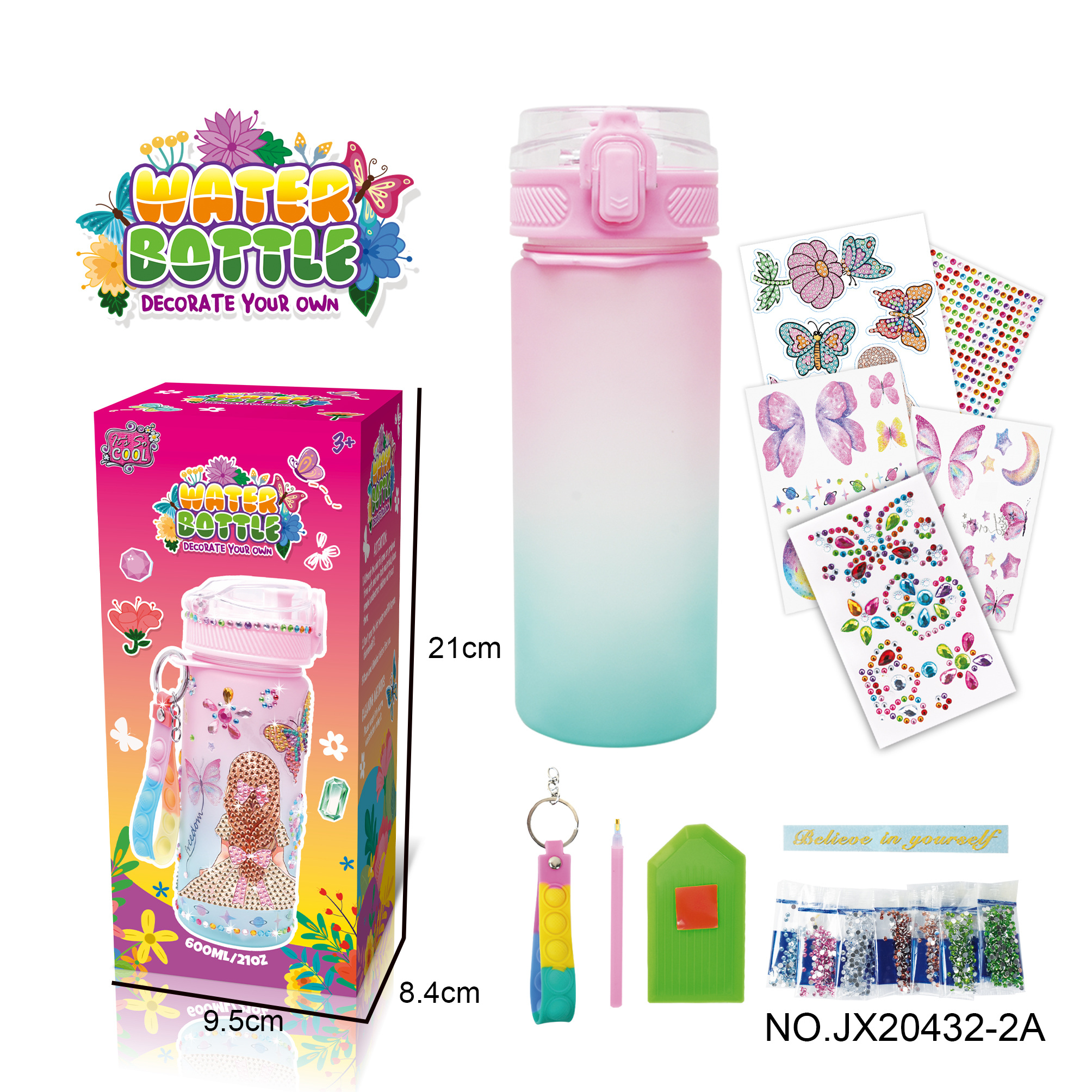 DIY Stick diamond pink Green gradient water bottle - girls