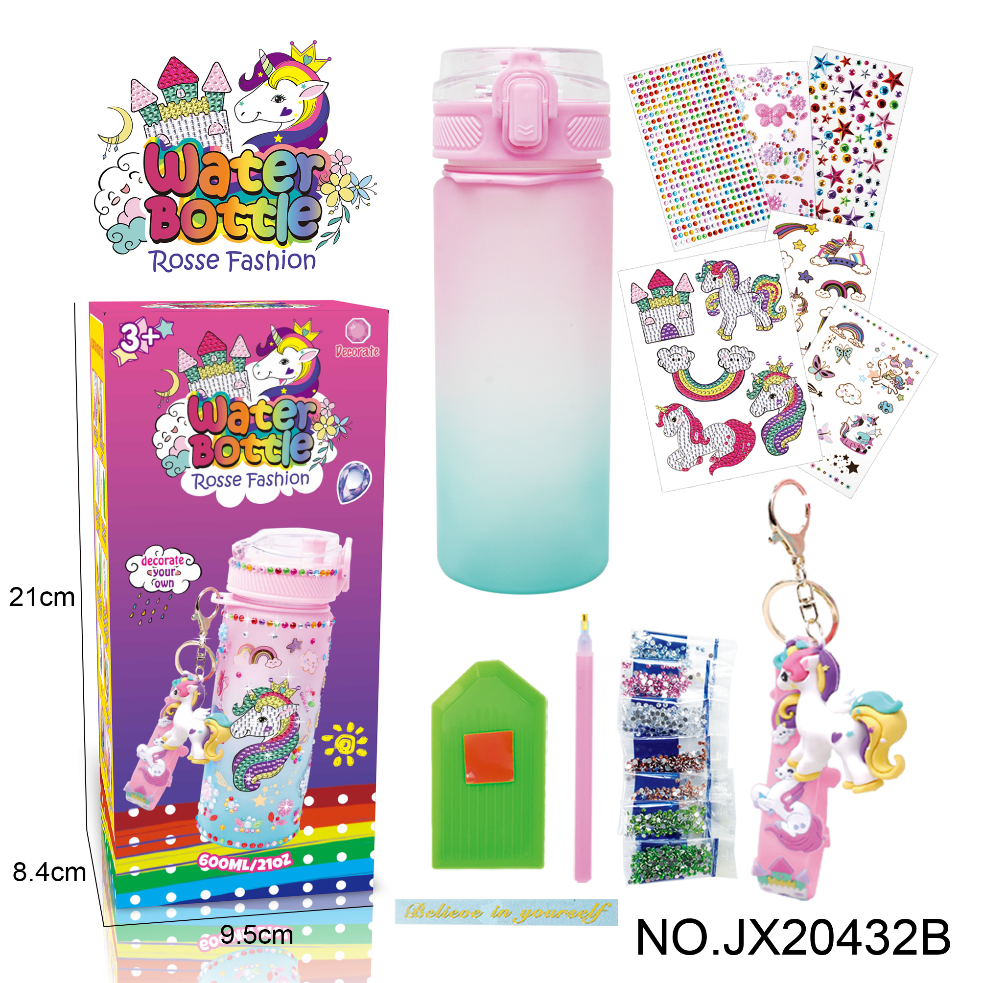 Upgraded version: DIY Stick diamond pink green gradient water bottle - Unicorn