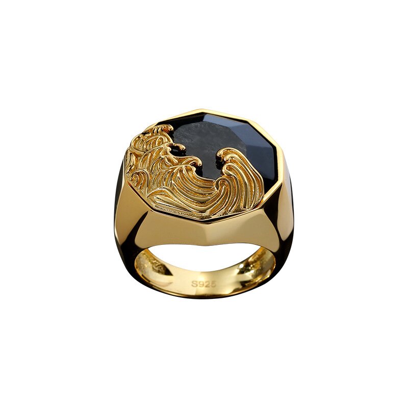 European and American fashion sterling silver obsidian retro men's fashion personality ring