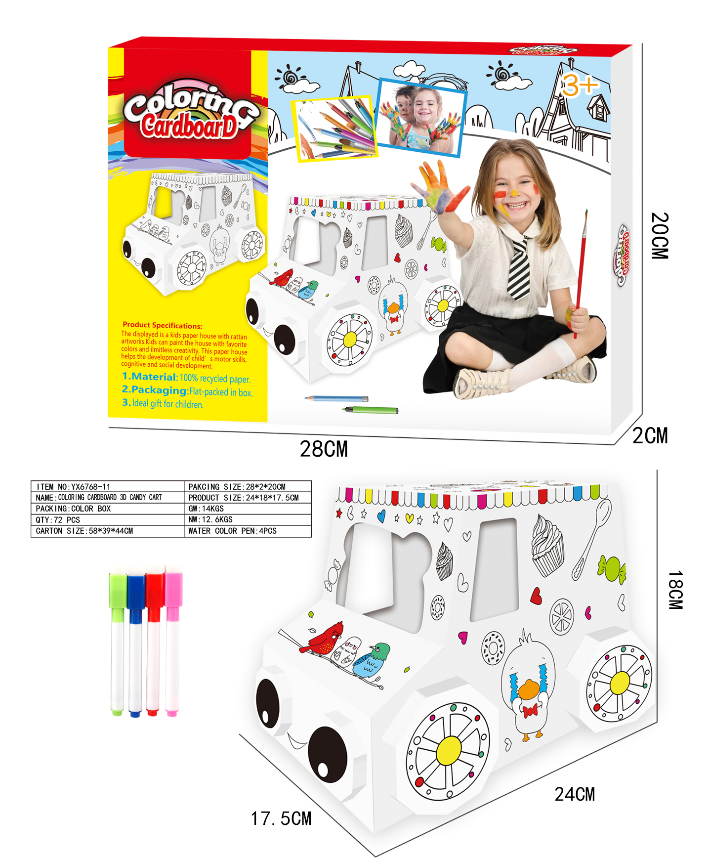 Creative Doodle -DIY three-dimensional assembly candy cart (Paint and erase,4 watercolor pens)