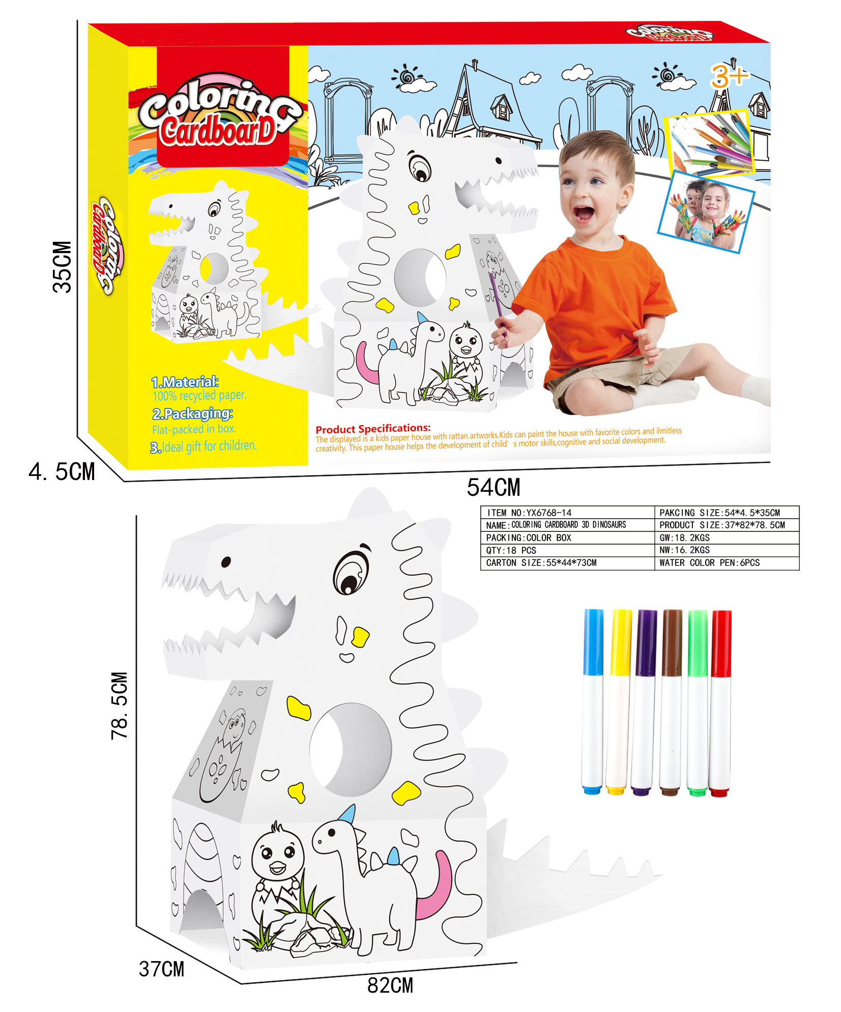 Creative Doodle -DIY three-dimensional Dinosaur (wearable,6 watercolor pens)