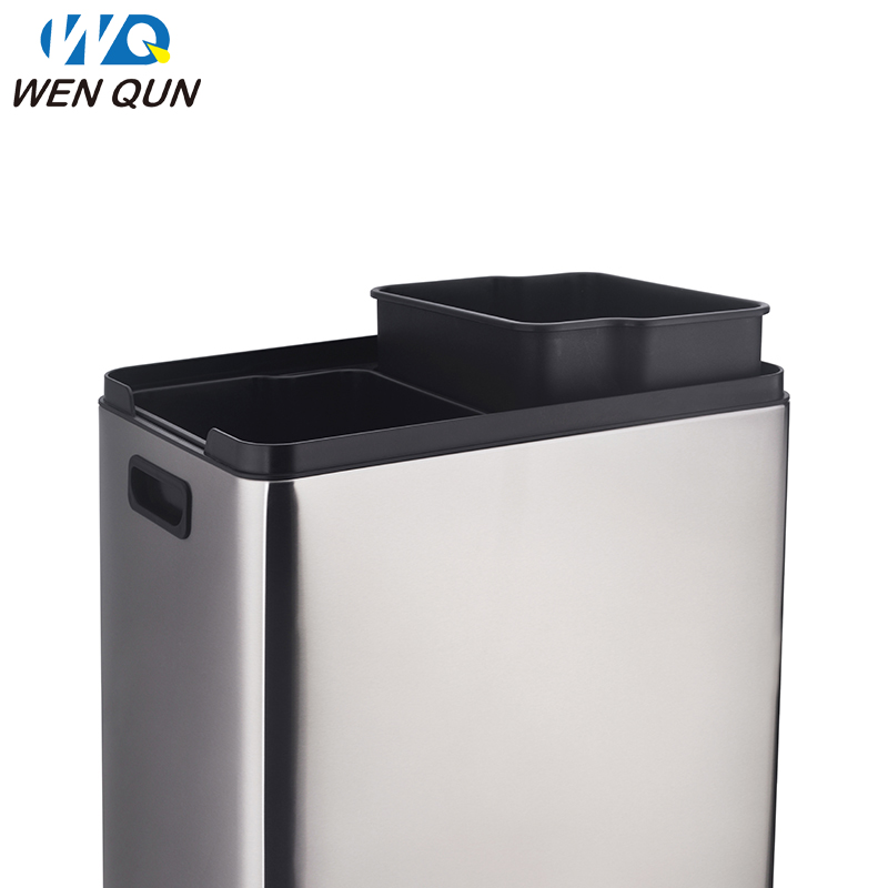 2*30 liter stainless steel recycling garbage bin rectangular pressed trash can with wheel