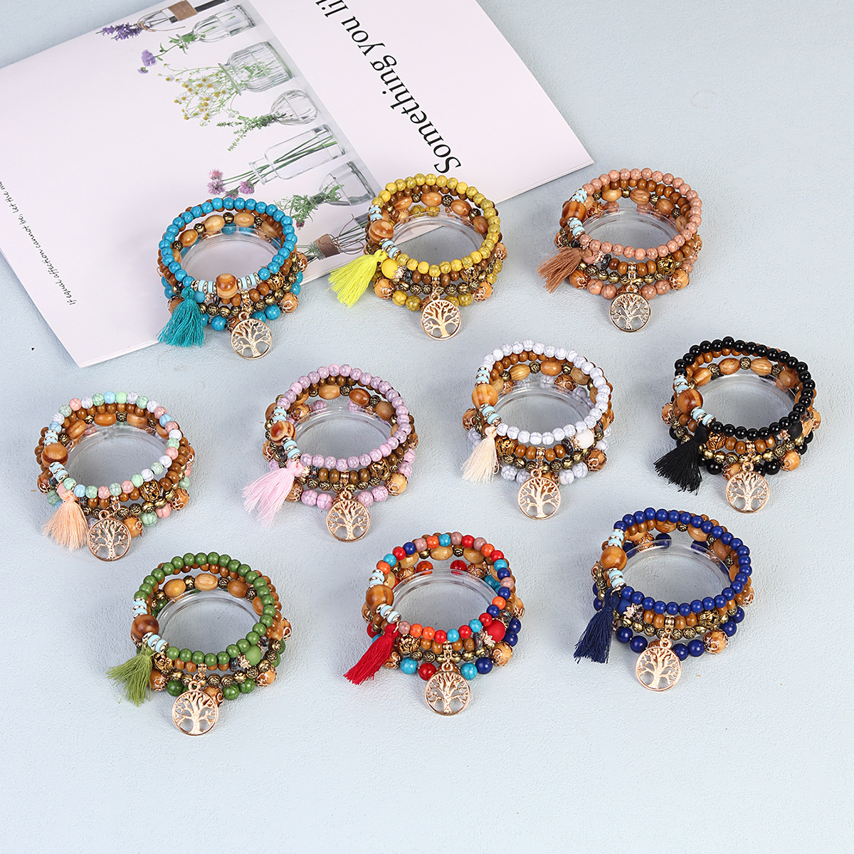 Round hollow tree pendant tassel wooden bead multi-layer handmade bead jewelry bracelet