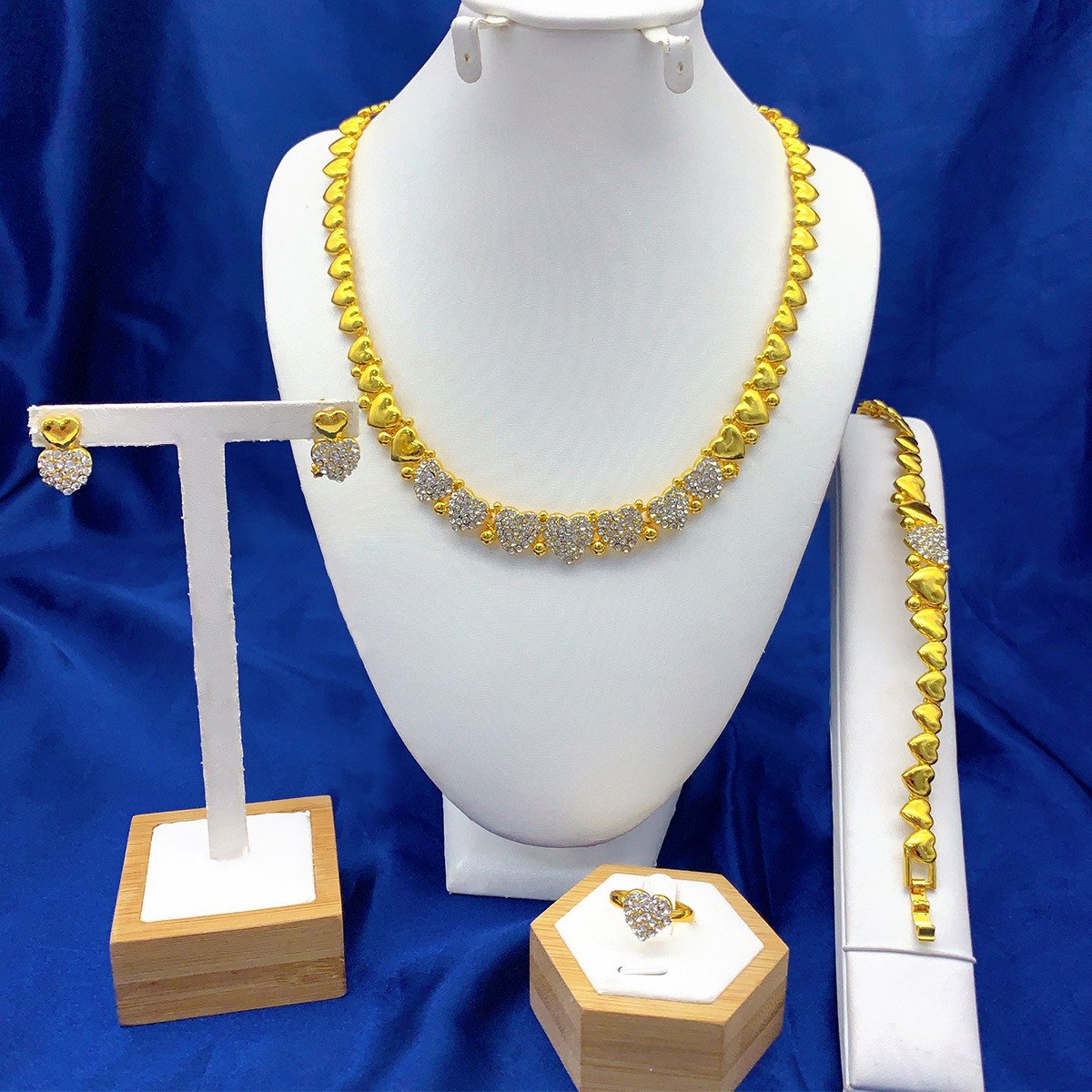 24K gold-plated jewelry set, bridal necklace, bracelet, earring, ring, four piece set