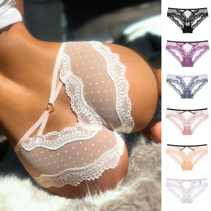 Lace polka dot mesh temptation hip lift perspective sexy low waist thong hollow T underwear