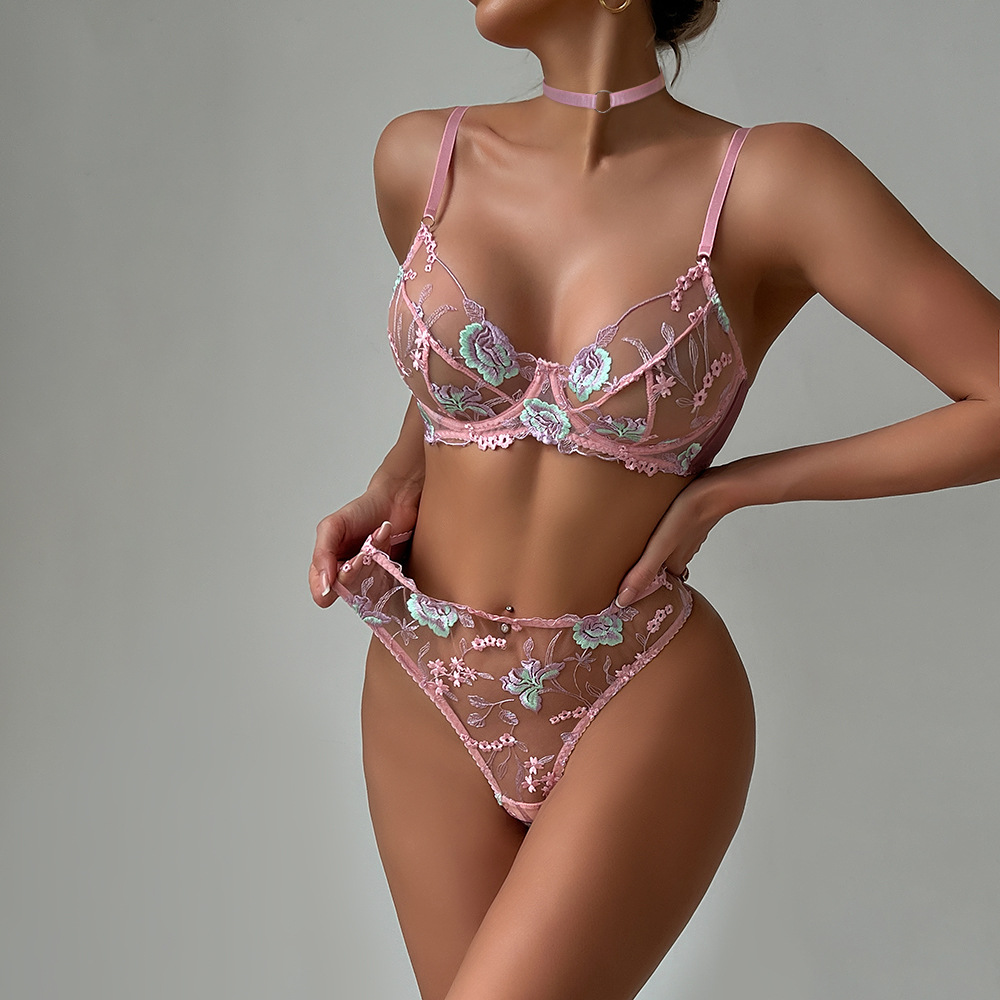 embroidery women's bra Flower embroidery advanced technology underwire gathering sexy underwear set