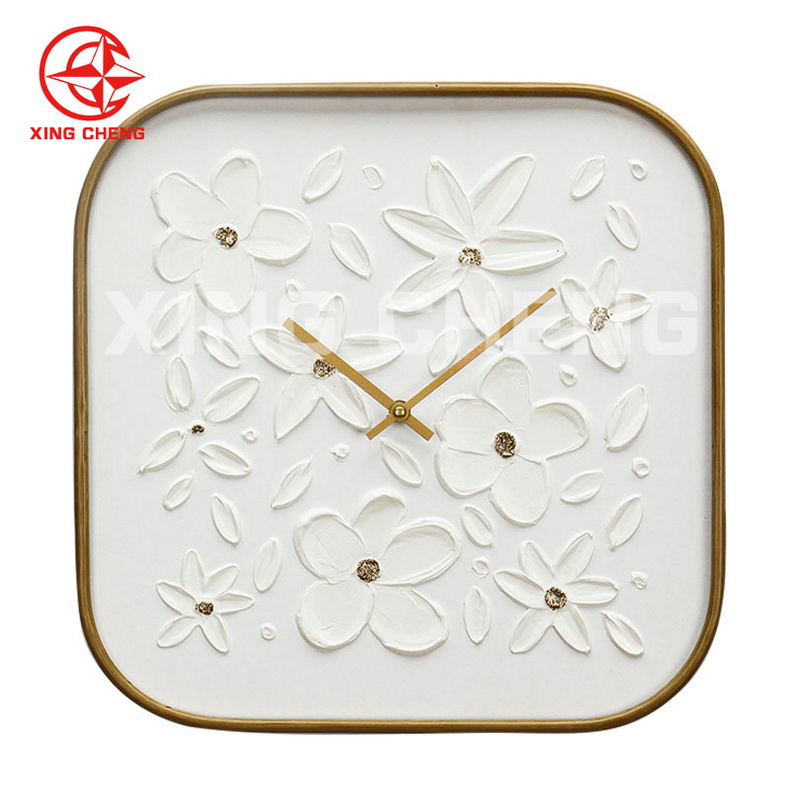XINGCHENG Nordic customiz clock with metal frame handpainted flower wall art modern foil wall clock