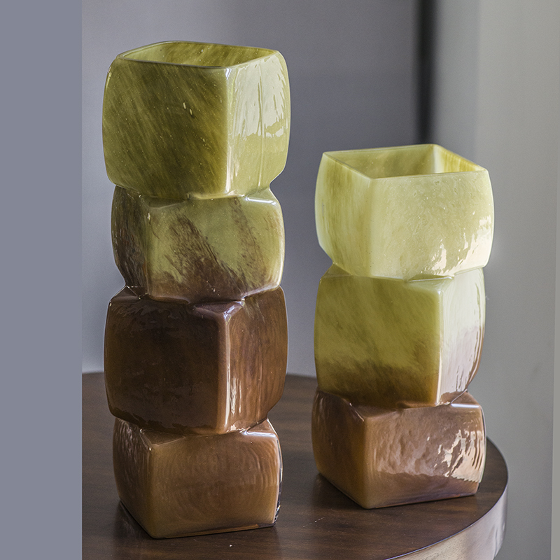 Handmade mouth-blown color art Ice cube Vases CJ23-12 Olive green/Beige